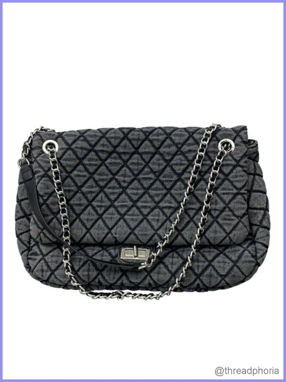 Washed Denim Tote Bag Quilted Diamond Checker Chain Strap Large Retro Satchel